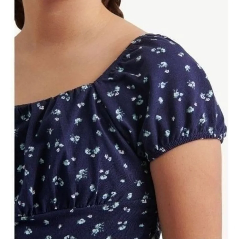 Justice Girls Navy Floral Puff Short Sleeve Cropped Cinched Side Top Size M (10)